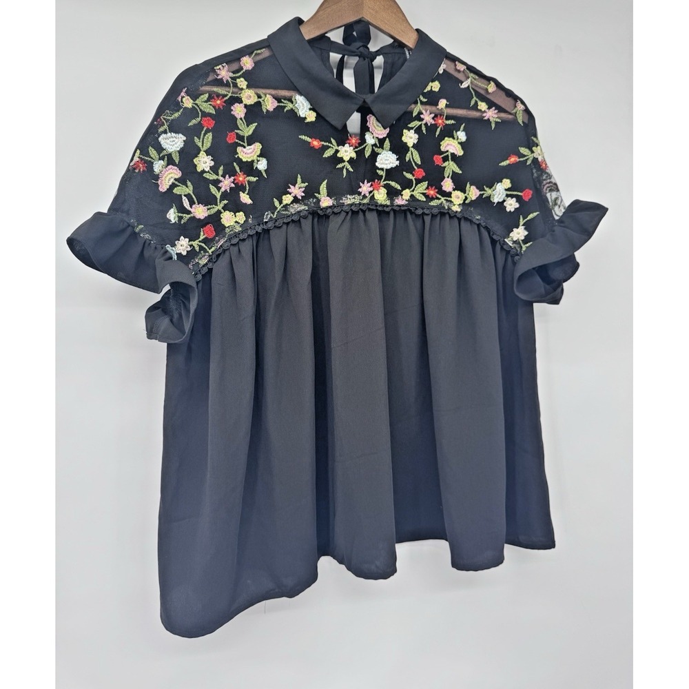 Forever 21 Ruffle Trim‎ Floral Embroidery Tunic Blouse Black Sheer fairy twee